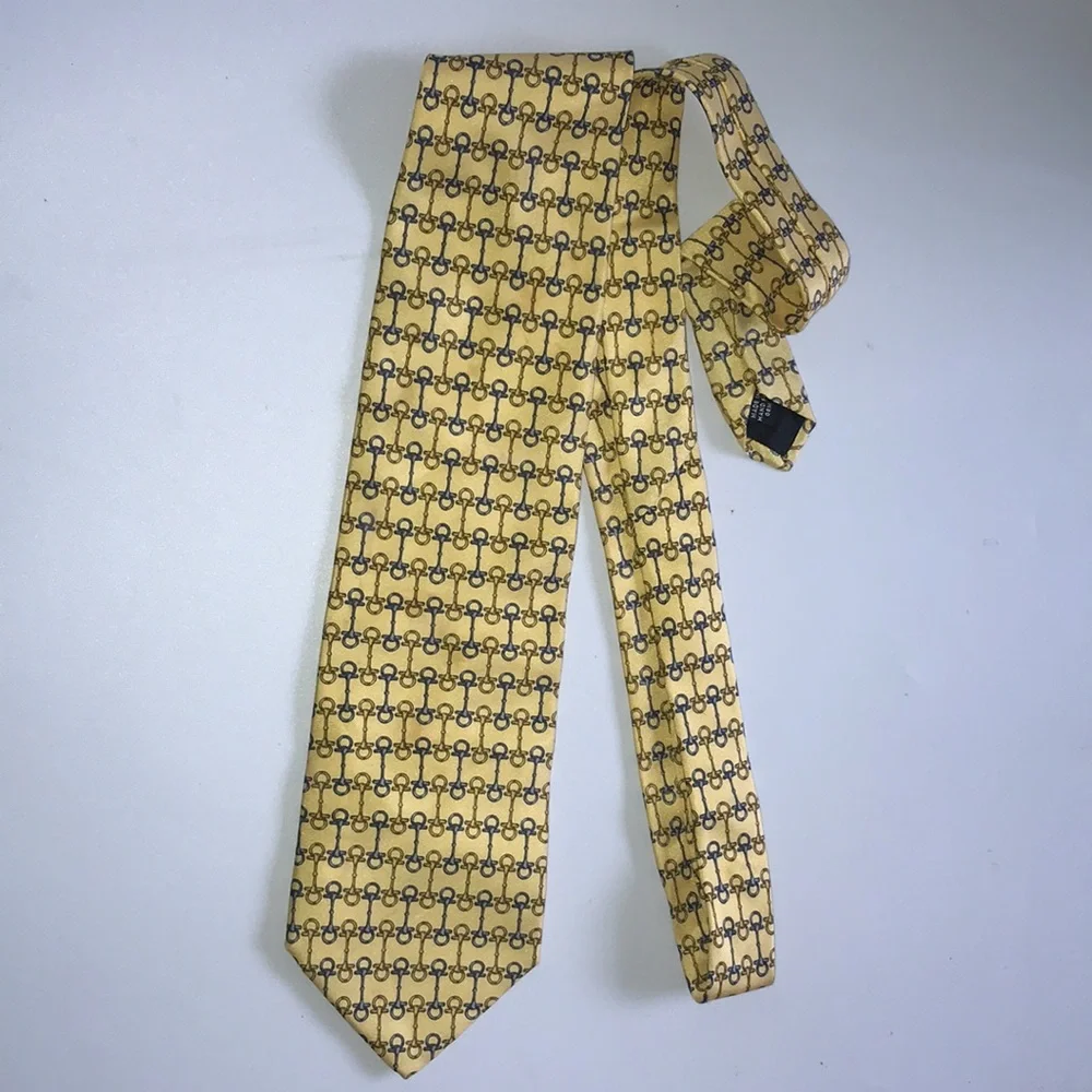 Vintage Paolo GUCCI Yellow Blue 100% Silk Tie Bag Lock Buckle Print